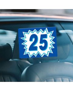 Blue burst design "25" model year on a vehicle windshield