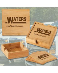 Bamboo Coasters and Caddy Sets with truck dealership logos