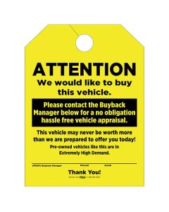 "Vehicle Buy Back" Fluorescent Yellow Mirror Hang Tags