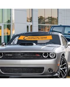 "CPOV" Black & Orange Vinyl Broadcasters on a vehicle at an auto dealership