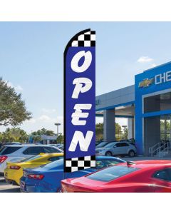 "OPEN" Blue and Checkered Swooper Flags attached to a vehicle in auto dealership