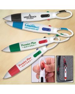 Quatro Pen Carabiner Clips in use and available colors with custom branding
