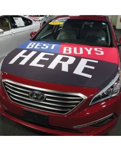 Hood Banners: Medium on vehicle hood in an auto dealership