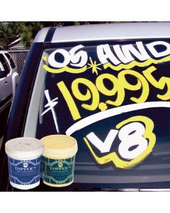 Glass Lettering Paint from GPP in White and Yellow on vehicle windshield