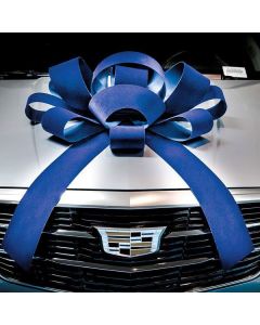 Showroom Bow: Velvetized Blue on a vehicle in an auto dealership