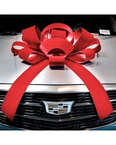 Showroom Bow: Velvetized red on a vehicle in an auto dealership