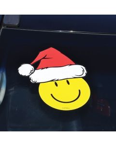 Santa Hat Decal on a Smiley Face Decal on a Vehicle in an auto dealership
