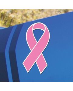 Pink Awareness Ribbon Sticker on a vehicle in an auto dealership