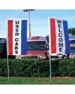 Drape Message Flags - Vertical Stripe with Top & Side Sleeve in use at auto dealership